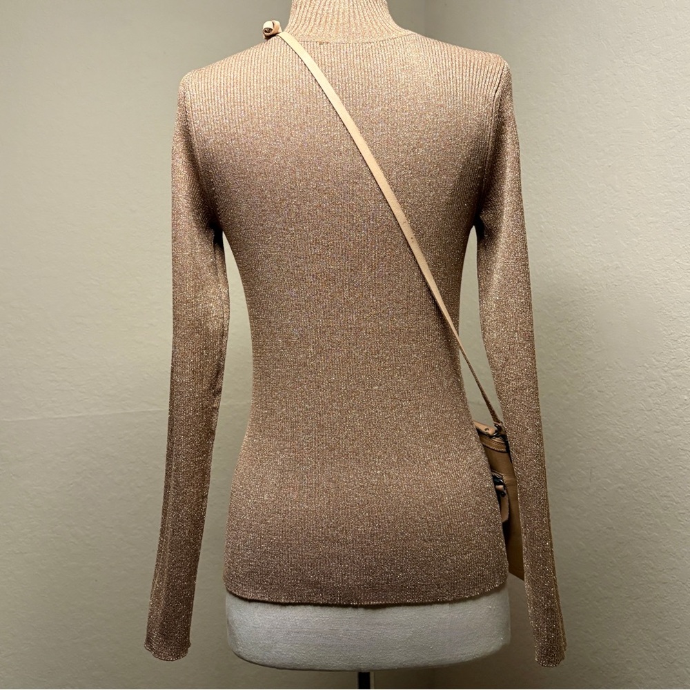 Lauren Ralph Lauren Gold Metallic Sweater Size S 4 Mock Neck Art Deco Geometric - Picture 14 of 16